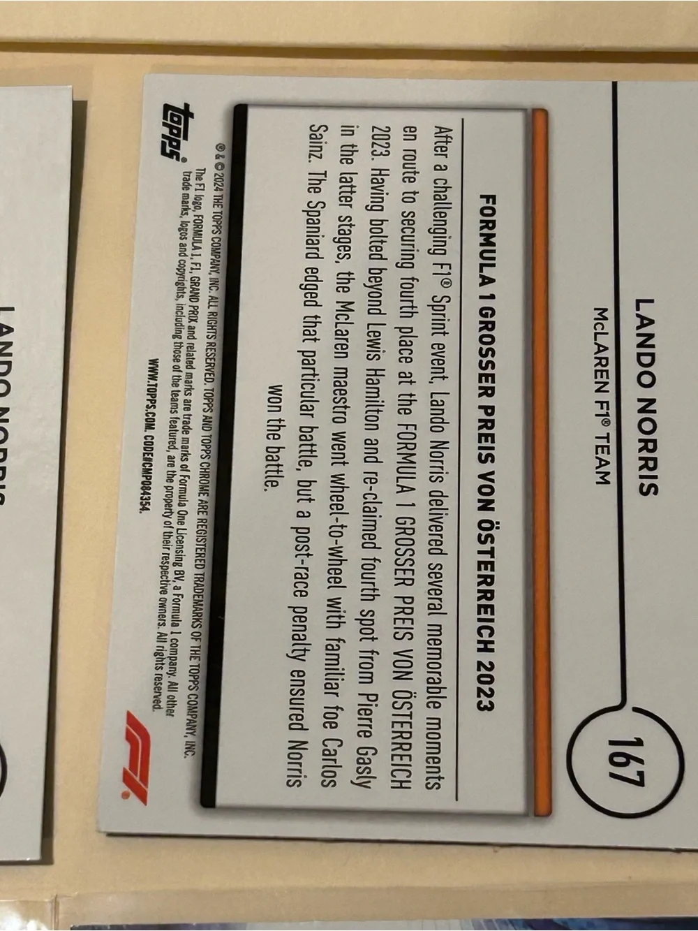Topps F1 Trading Cards - Lando Norris Oscar Piastri